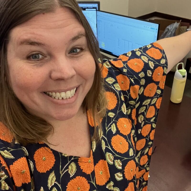 Rebecca Diagnosed with lung cancer at 45 from Tennessee smiling in floral shirt