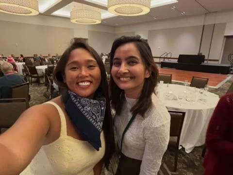 Lung cancer advocates Aurora and Rasika smile together