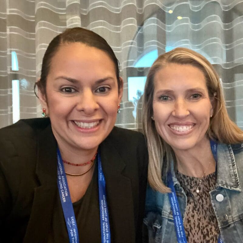 Patient advocate Leah Phillips smiling with thoracic oncologist from Dana Farber cancer institute Dr Narjust Florez