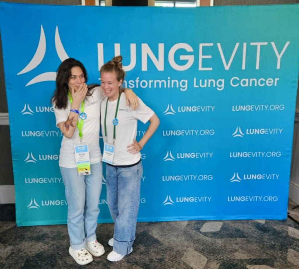 Samantha Murrell and Ashley Vassallo, young lung community members, laughing at Lungevity Hope Summit 2025