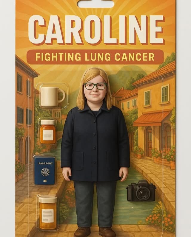 Illustrated poster reading Caroline Fighting Lung Cancer with a figure standing among Italian-style buildings