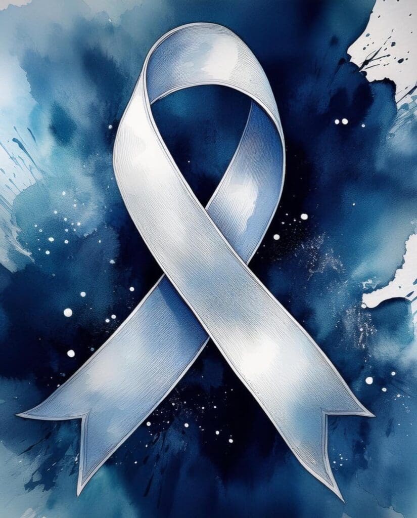 Illustration of a silver lung cancer awareness ribbon on a dark watercolor background