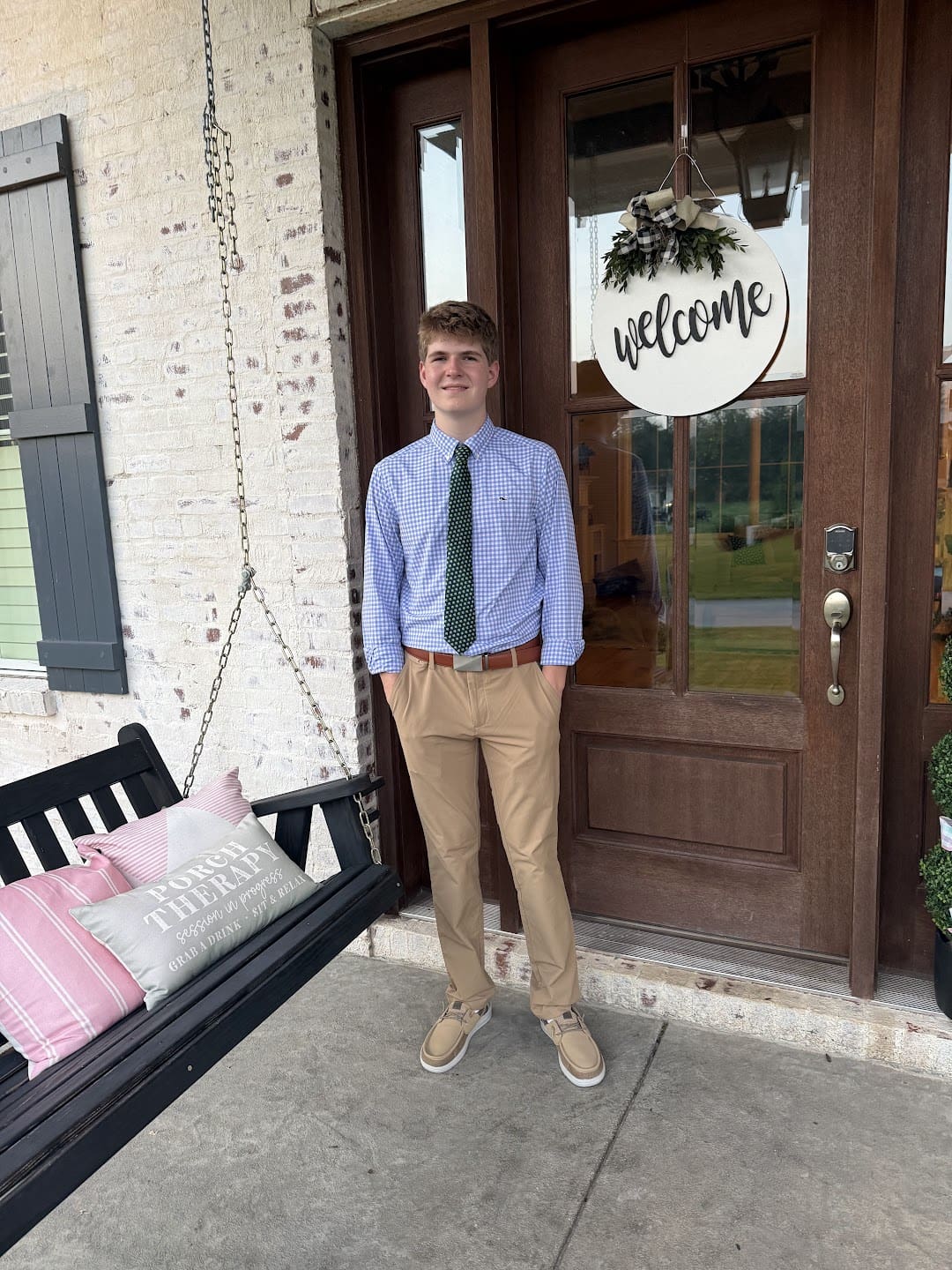 Leah’s youngest son dressed for his first day of school in 2026