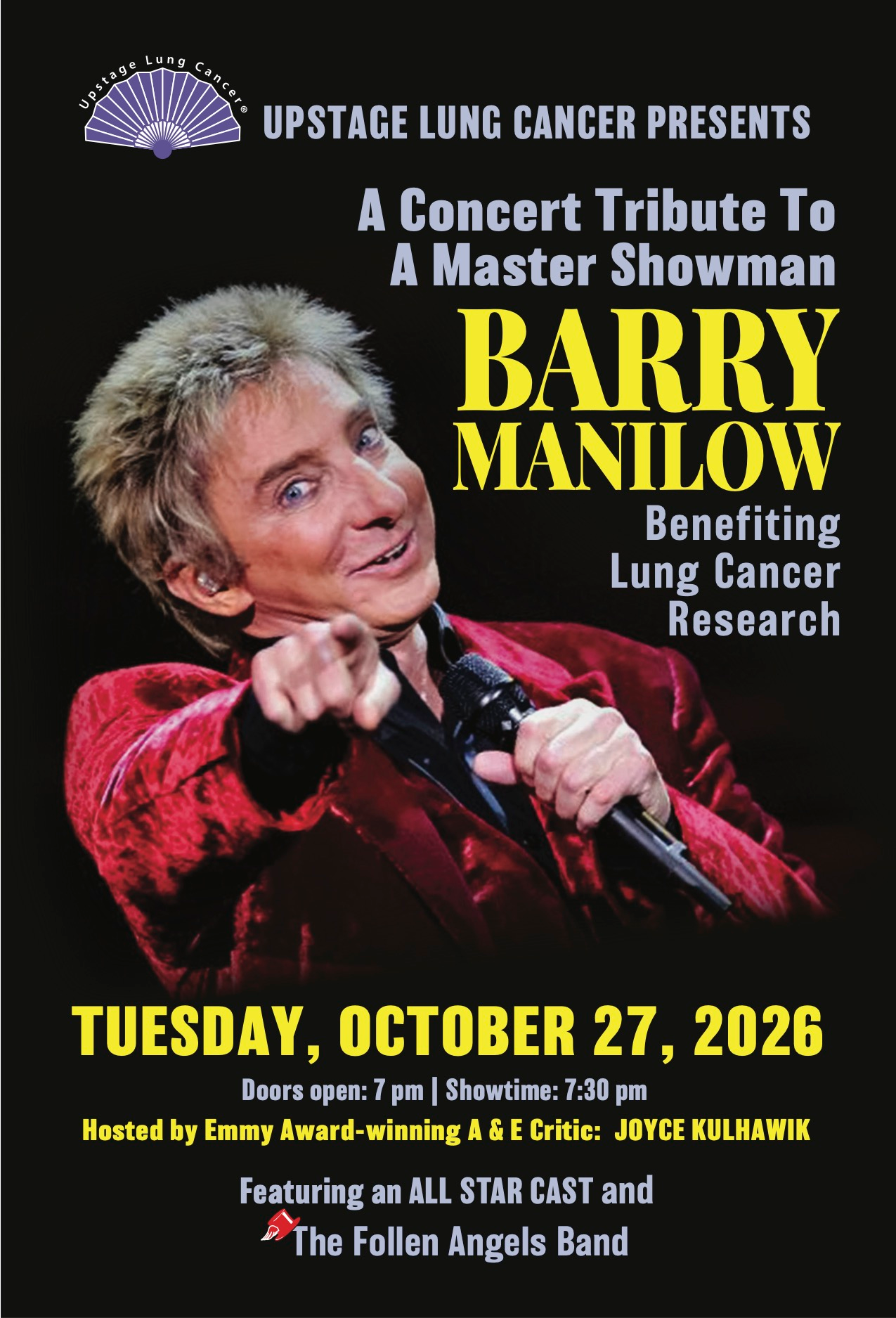 Upstage Lung Cancer benefit concert flyer for A Concert Tribute to Barry Manilow on October 27, 2026
